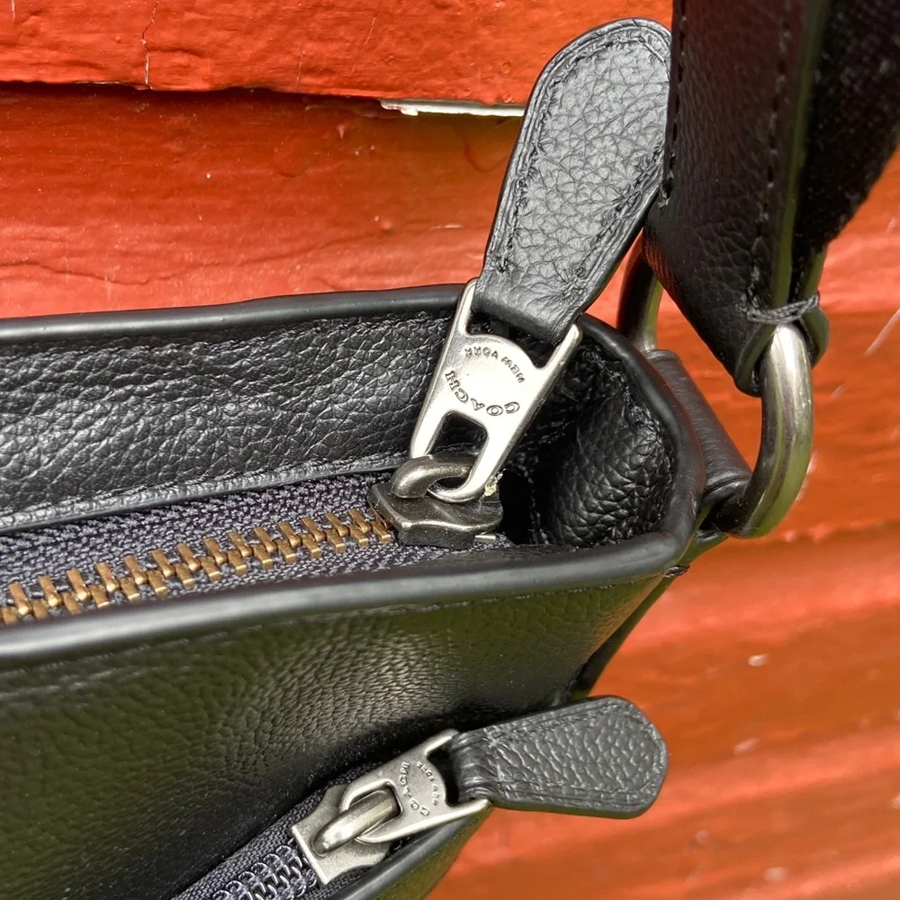 COACH Charles Crossbody Bag Varsity Black Leather Denim & Midnight Navy Stripe